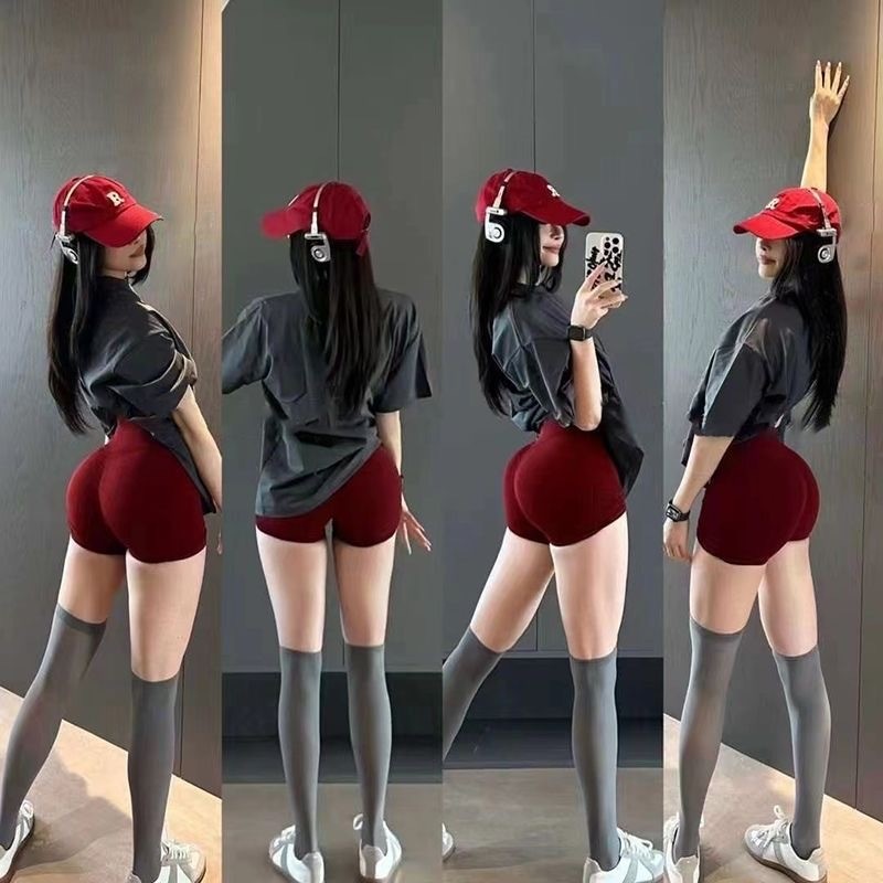 กางเกงขาสั้นออกกำลังกาย ทรงสูงที่เอว ยืดหยุ่น สไตล์สายพีช สำหรับฤดูร้อน