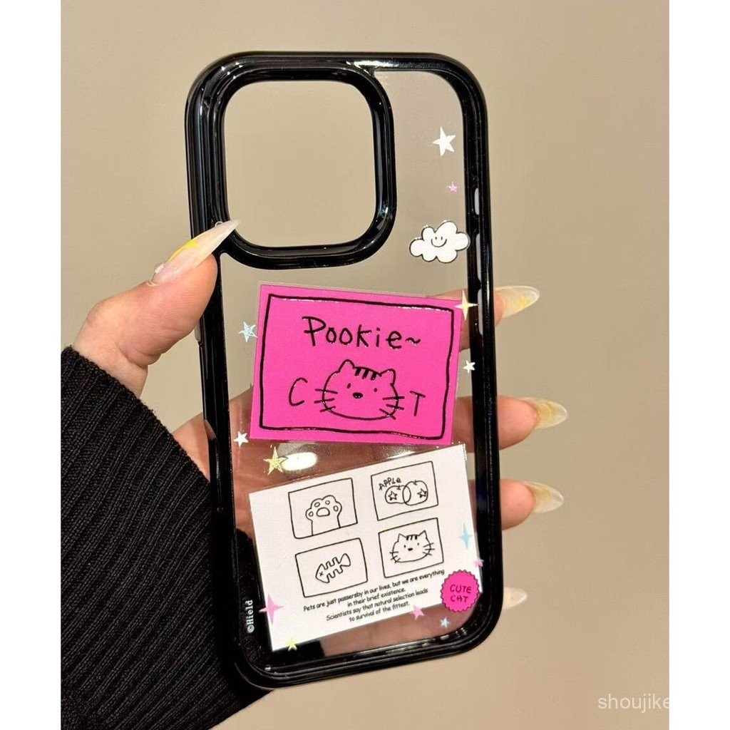 สติกเกอร์สายแมวกรอบสีดําอะคริลิคเหมาะสําหรับเคสโทรศัพท์ iPhone เหมาะสําหรับ iPhone 16 Pro Max/15/14 