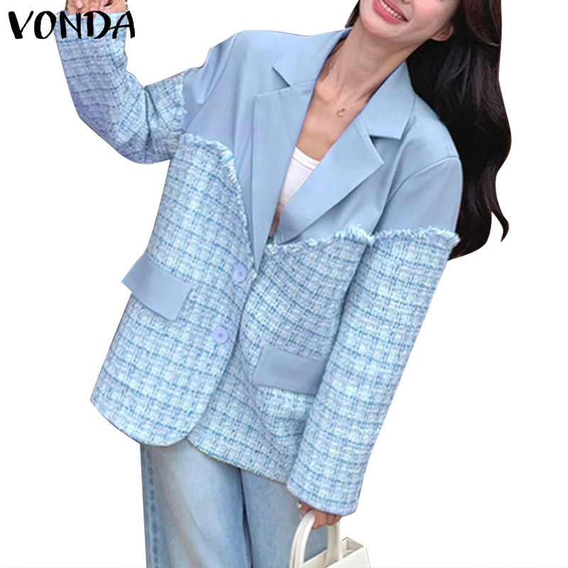 Vonda ผู้หญิงเกาหลีลําลองลายสก๊อตหลวมแขนยาว Patchwork เสื้อสูท