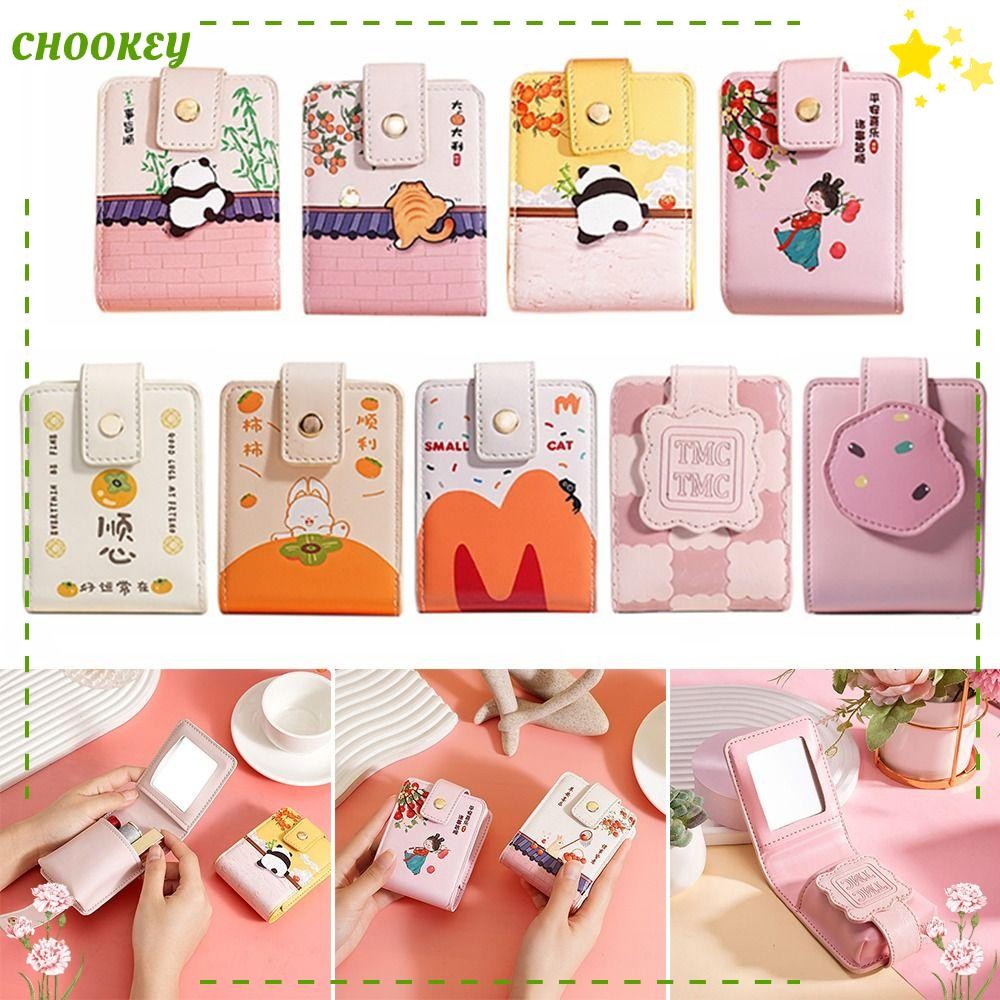 Chookey กระเป๋าลิปสติกลายการ์ตูน,กระเป๋าเครื่องสําอางหนัง PU ปุ่มสแน็ป,มินิสไตล์จีนแพนด้าแมวลูกพลับแบบพกพากระเป๋าเก็บลิปสติก