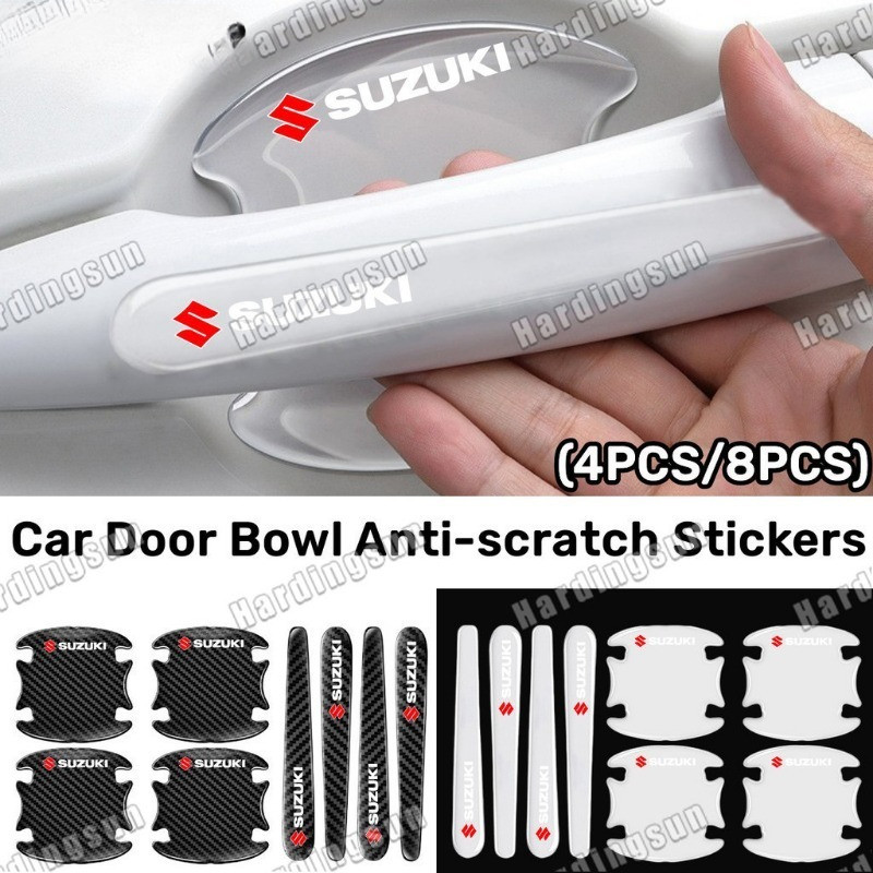 4/8 ชิ้น Suzuki โปร่งใสรถประตูชามสติกเกอร์ Anti Scratch สติกเกอร์ประตูรถป้องกันหนารุ่นคาร์บอนไฟเบอร์