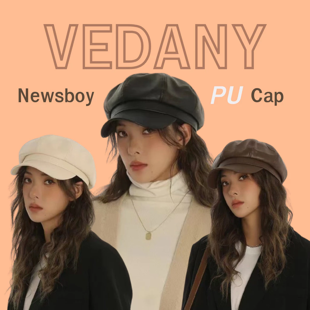 หมวก NEWSBOY CAP หนัง PU กันน้ำ กันหิมะ ใส่ได้ทั้งชาย หญิง หมวกทรงฟักทอง VDN-H16