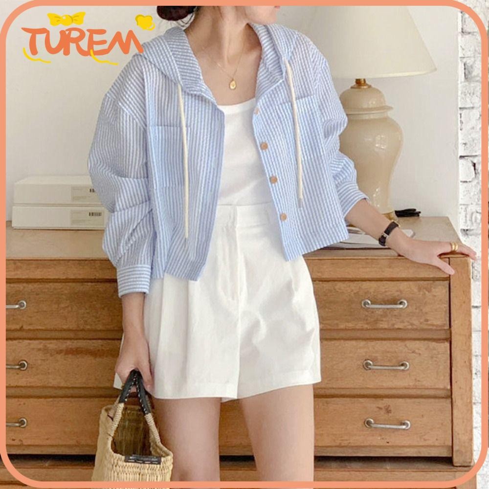 อนาคต เสื้อแจ็คเก็ตกันแดด,เสื้อลายทางทรงหลวมสีตัดกัน,แฟชั่นเสื้อมีฮู้ดสั้นกระดุมแถวเดียวสําหรับผู้หญิงสาว