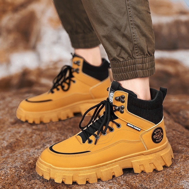 T-T NEW รองเท้าบูทหุ้มข้อ หนัง PU รองเท้าแบบผูกเชือก พื้นหนา ใส่ขึ้นเขา Size40-44MVS080-238