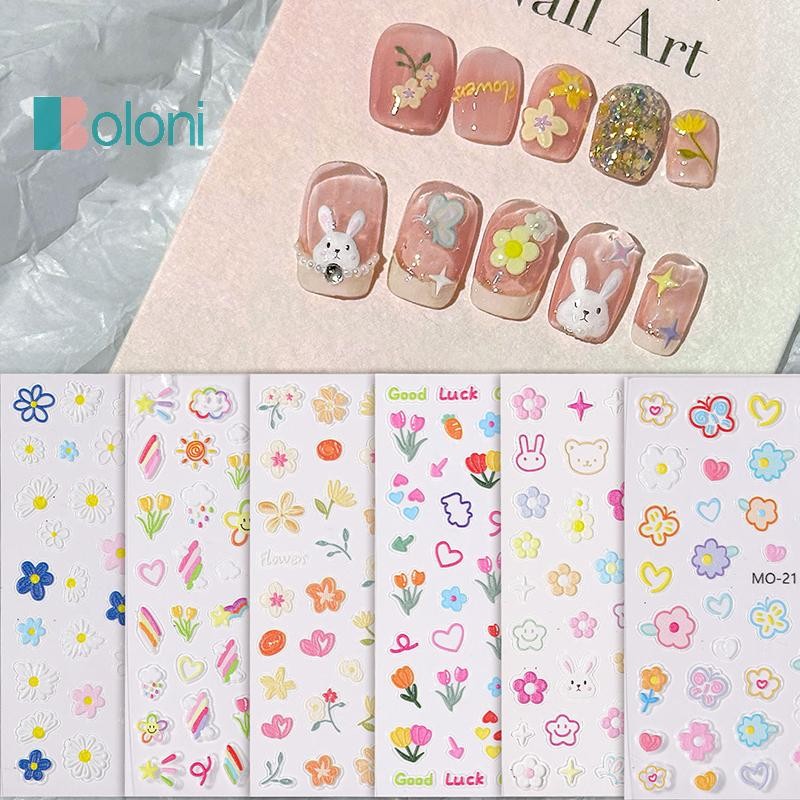[Boloni] 5d ดอกไม้การ์ตูนสติกเกอร์เล็บ Self-Adhesive Diy น่ารัก 5d บรรเทาดอกไม้กระต่ายรูปแบบเล็บ Slider สติกเกอร์ตกแต่งใหม่