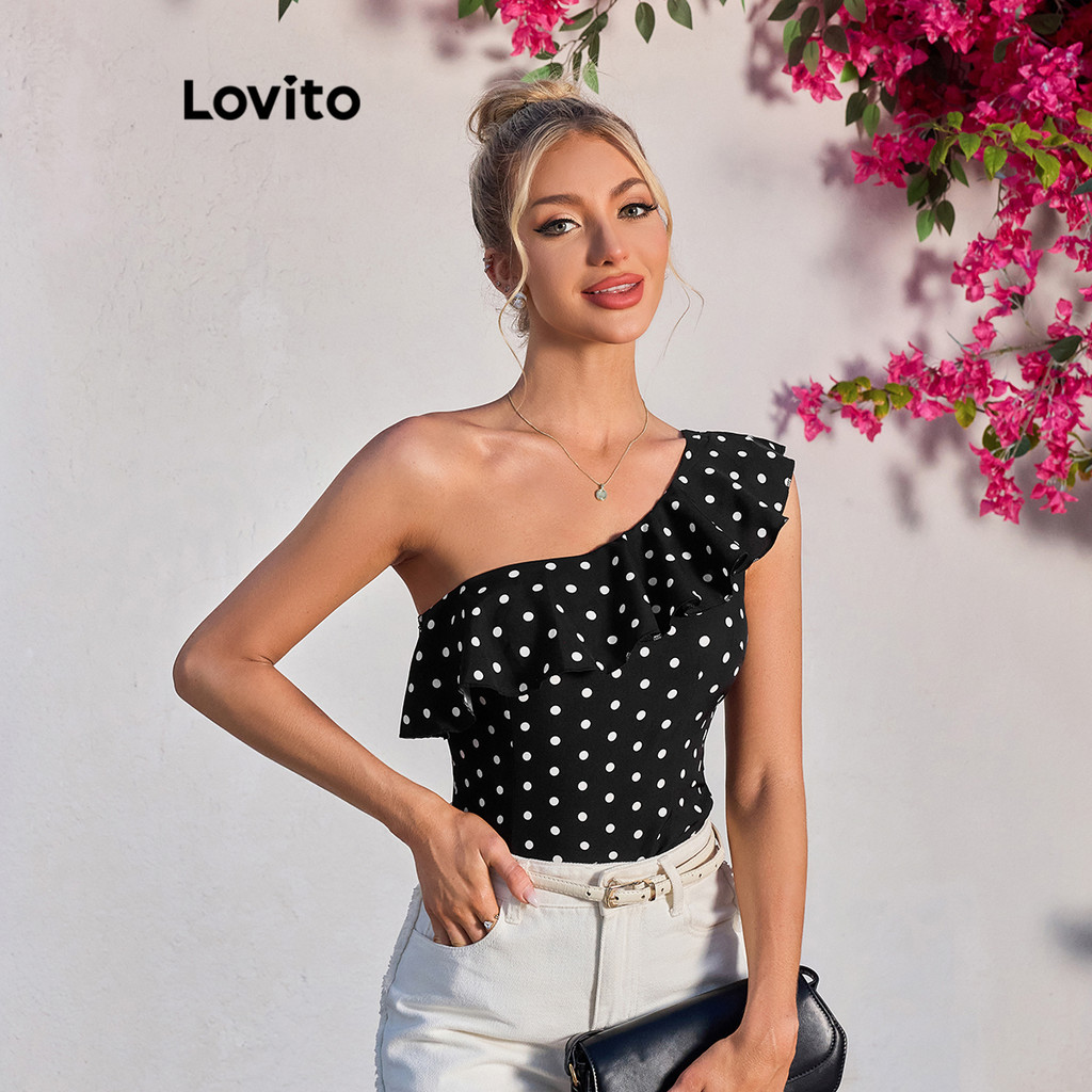 Lovito เสื้อเบลาส์ระบายไม่สมมาตรลายจุดสไตล์โบฮีเมียนสำหรับผู้หญิง LBL18626