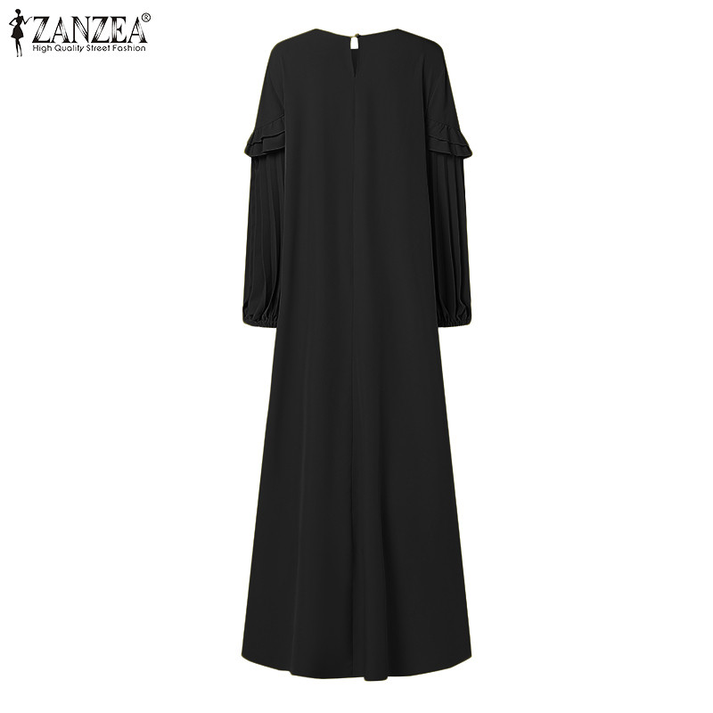 ZANZEA ใส่ ซานเซีย ผู้หญิงมุสลิมรอบคอจีบแขนโคมไฟยืดหยุ่นข้อมือหลวมชุดชิ้นเดียว