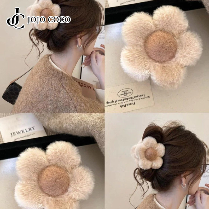 Ahellogirl แฟชั่นเกาหลีฤดูหนาวปุย 3D ดอกไม้นุ่ม Hairpin กิ๊บติดผมเครื่องประดับผม