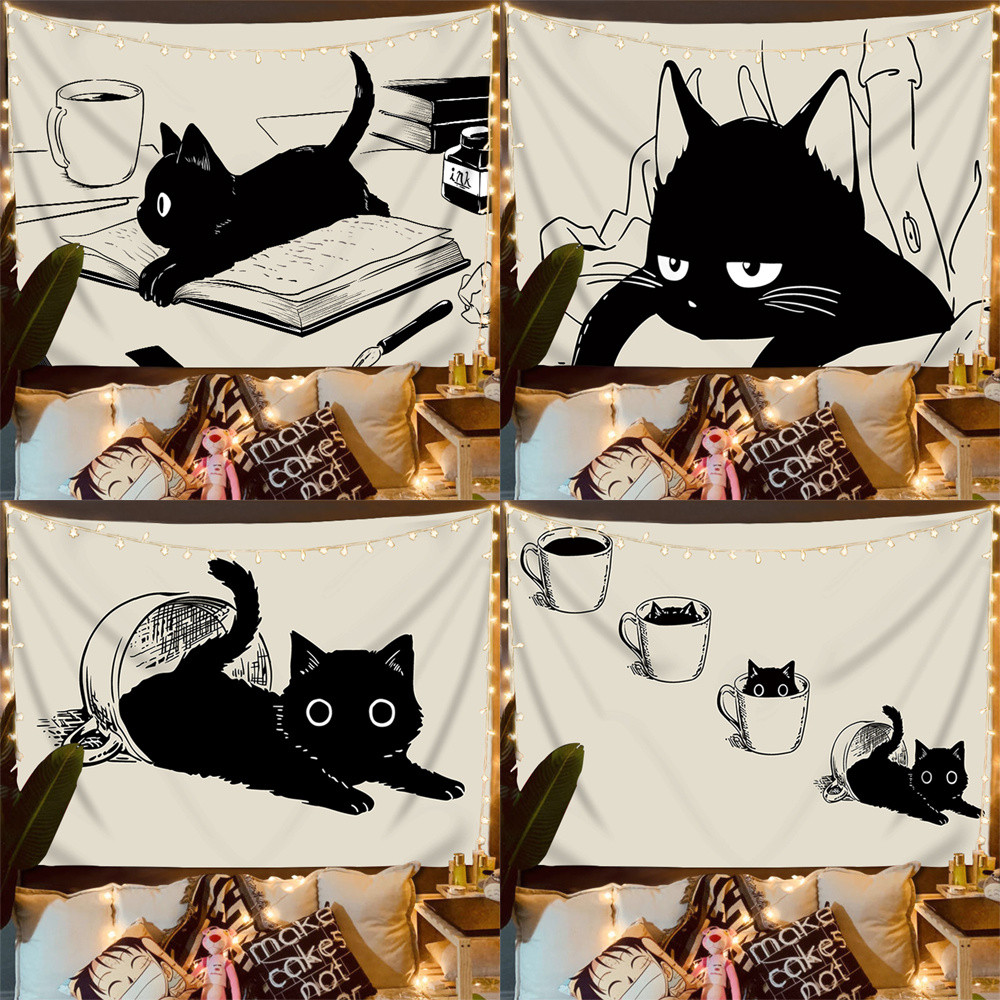 ผ้าติดผนังตกแต่งห้องสไตล์แมว INS ผ้าแขวนหัวเตียงตกแต่งห้องนอนพื้นหลังผ้าพื้นหลังภาพสด