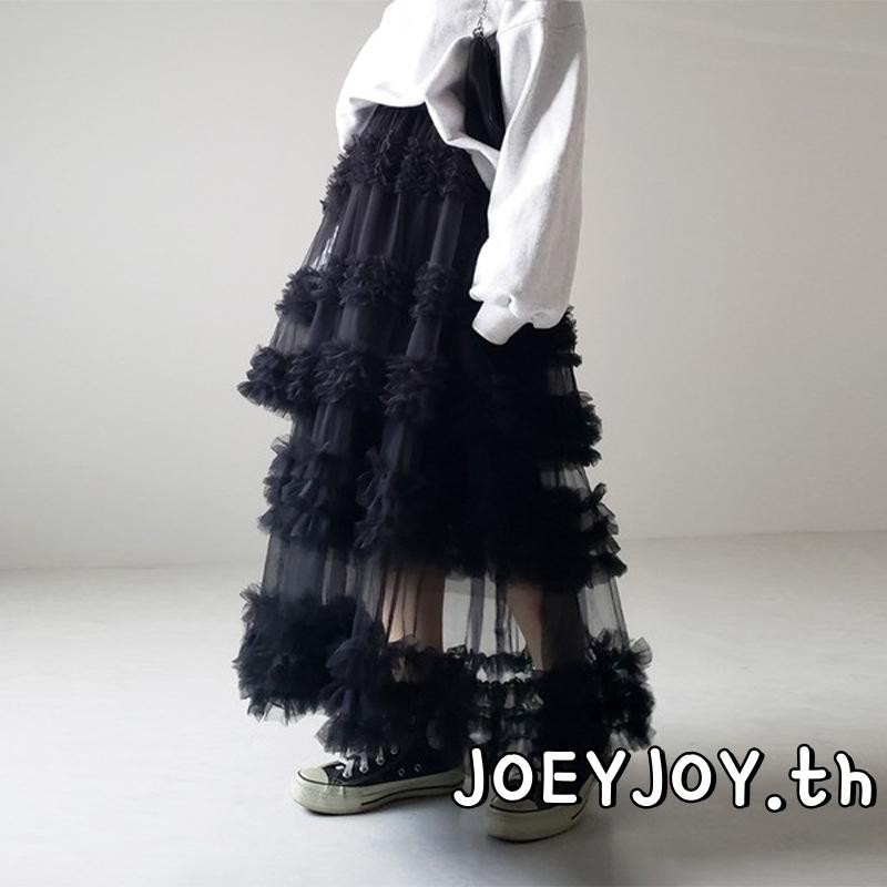 Joeyjoy-กระโปรงผู้หญิง Tulle A-Line กระโปรงยาวเอวสูงเชียร์ตาข่าย Tiered กระโปรงเร้าใจ
