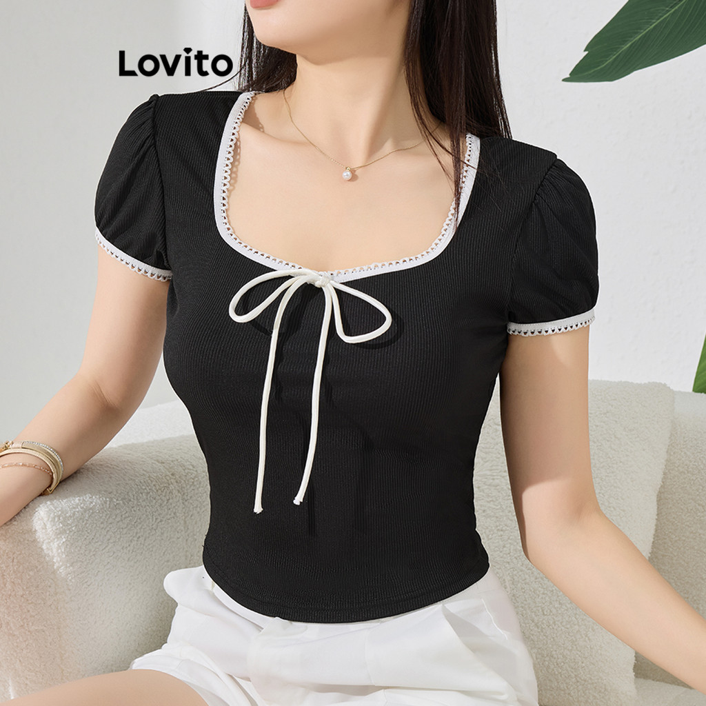 Lovito เสื้อยืดผูกโบว์สีพื้นลำลองสำหรับผู้หญิง L116LD095