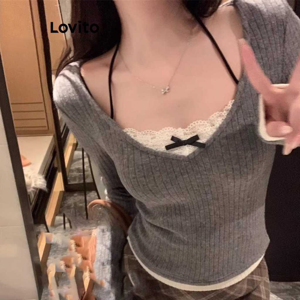 Lovito เสื้อยืดผู้หญิง ลูกไม้ สีพื้น สไตล์ลำลอง LNA69302