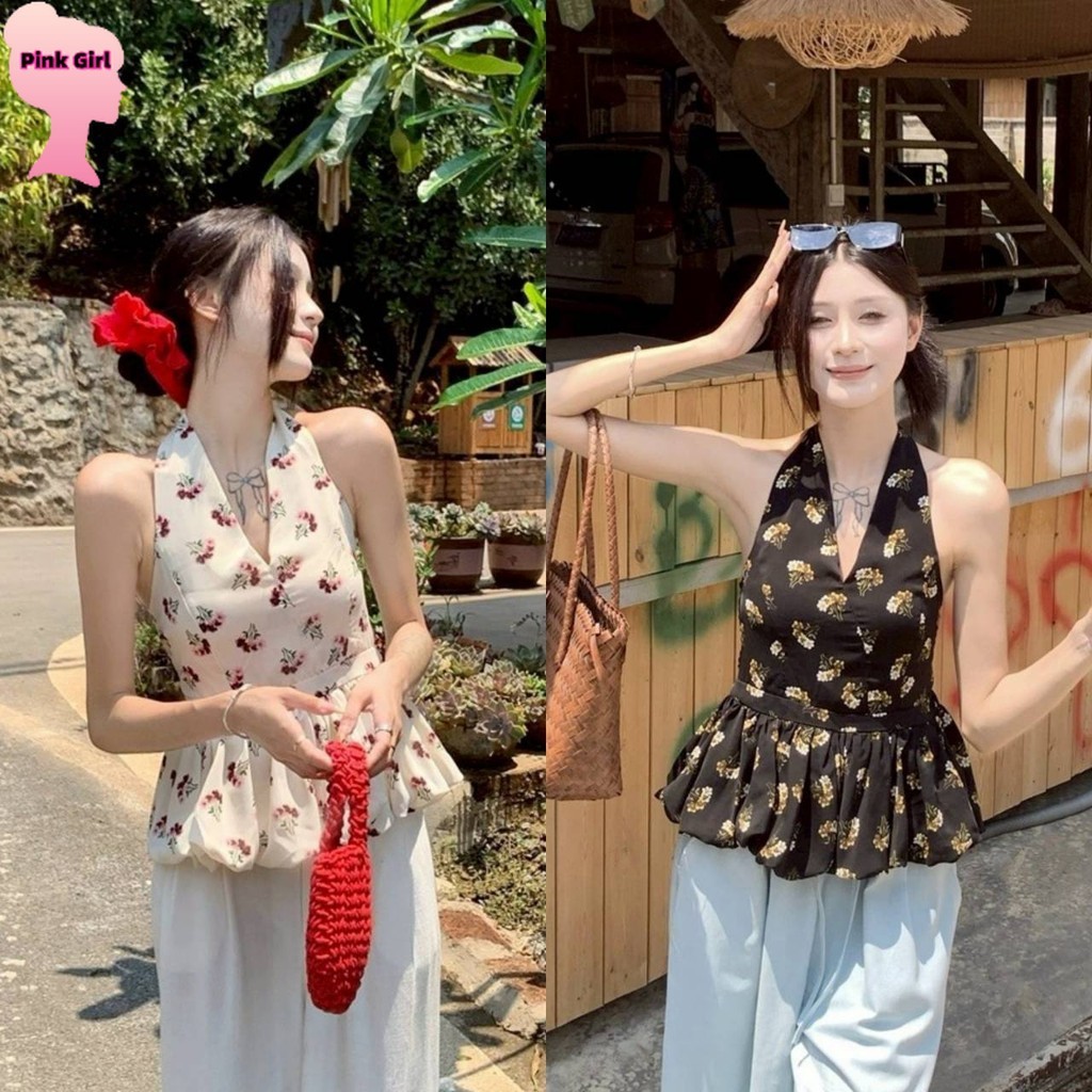 💋Pink girl💋​พร้อมส่ง เสื้อคล้องคอ เว้าหลัง สีขาวดำ ฤดูร้อน ลายดอกไม้ เสื้อผ้าผู้หญิง' 8K186-2