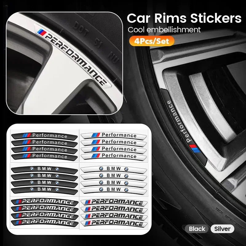 4pcs รถป้ายล้อขอบ Brow Decal 3D อลูมิเนียมยางสติกเกอร์สําหรับ BMW E46 E90 E49 F30 F80 E36 E46 E93 E9