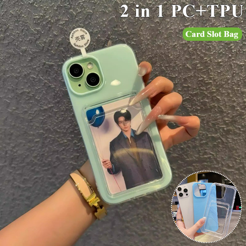 PC + TPU2 in 1 Card Holder Slot กระเป๋าสตางค์ Photo Pocket Clear Candy สีสําหรับ iPhone 16 Pro Max 1