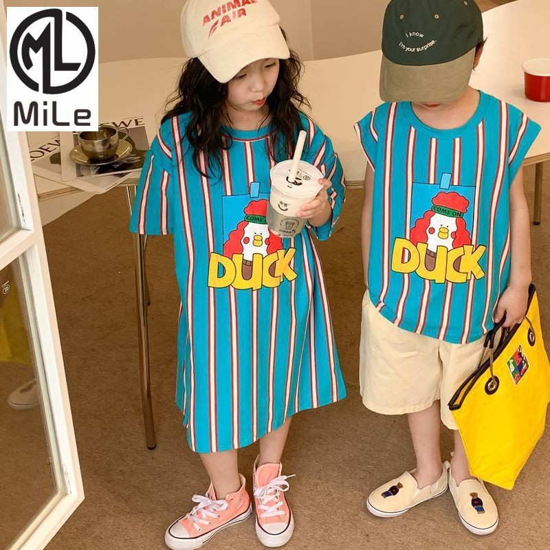 [มล] 90-140ซม เสื้อยืดเด็กสไตล์ฤดูร้อนชายหญิงเวอร์ชั่นเกาหลีการ์ตูนพิมพ์เสื้อยืดลําลองเสื้อกั๊กกระโปรงพี่ชายน้องสาวชุ