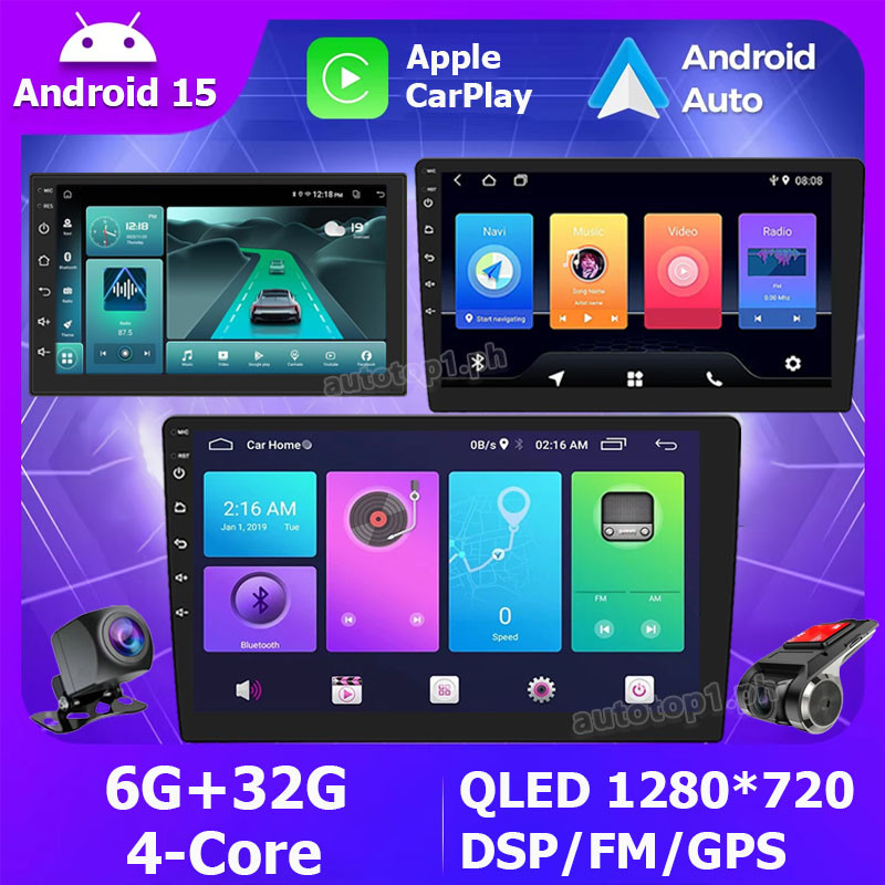 (4Core 6G+32G) Android 15 รถAndroid Player QLED 1280*720 7in 9in 10 นิ้ว 2DINพร้อมไร้สายApple CarPla