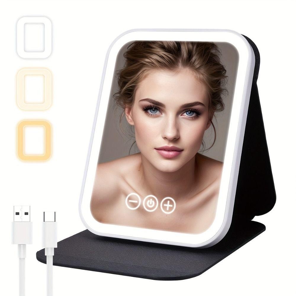 Keepin Travel กระจกแต่งหน้า,พับ 3 โหมดแสงสี LED กระจกตั้งโต๊ะ,USB ชาร์จ PU หนังหรี่แสงได้แบบพกพาหน้าจอสัมผัสกระจกโต๊ะเครื่องแป้ง Lady ของขวัญ