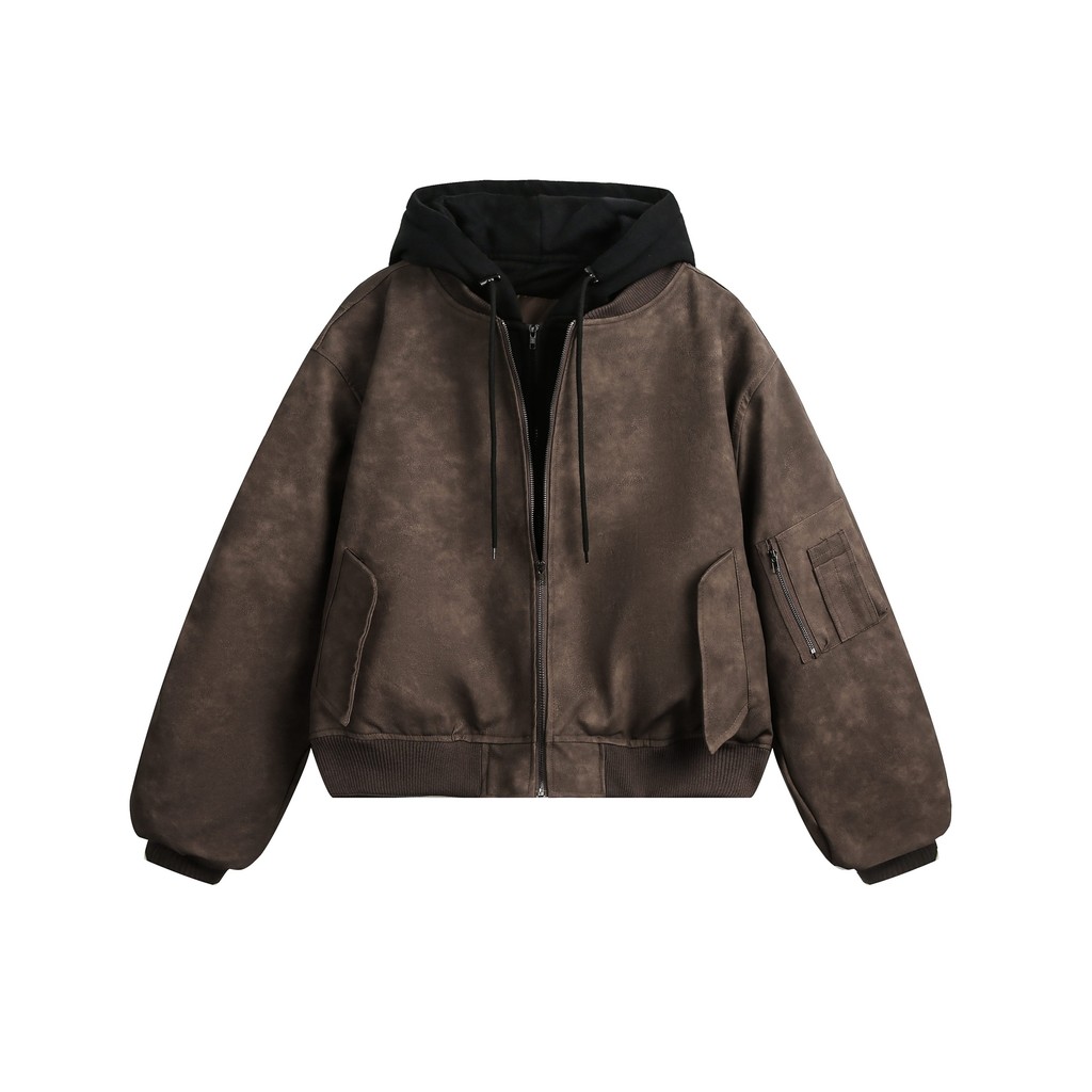 SUIKONE เสื้อแจ็คเก็ตบอมเบอร์สองชิ้นสไตล์ Maillard สีน้ำตาล (สำหรับผู้ชาย/ผู้หญิง)