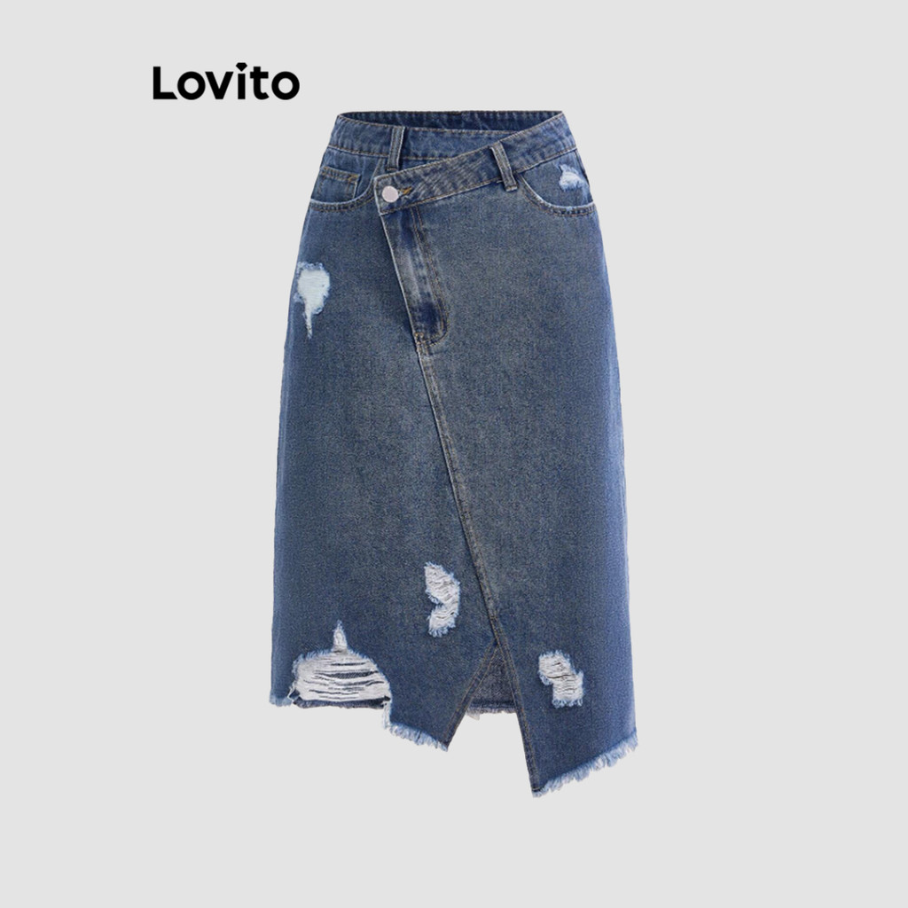 Lovito กระโปรงยีนส์ทรงซิปติดกระดุมสีพื้นสำหรับผู้หญิง L112ED245