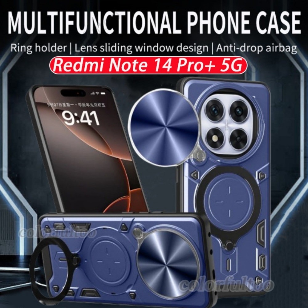 สไลด์ดันดึงเลนส์กล้องป้องกันเคสโทรศัพท์สําหรับxiaomi Redmiหมายเหตุ14 Pro Plus 14Pro + Note14 4G 5G 2025ผู้ถือแหวนแม่เหล็กวงเล็บเกราะกันกระแทกปลอกปกหลัง