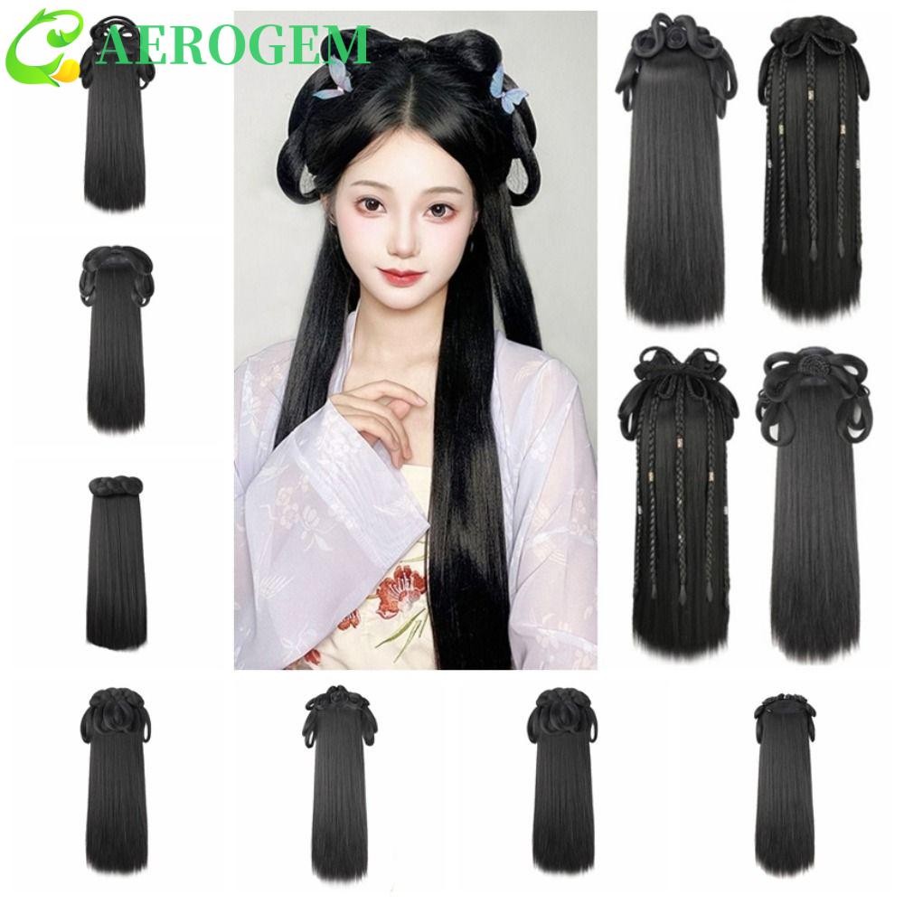Aerogem วิกผมจีนโบราณ, ผู้หญิงสังเคราะห์โบราณ Hanfu วิกผม, Headdress การถ่ายภาพสีดําแบบบูรณาการผม Bun