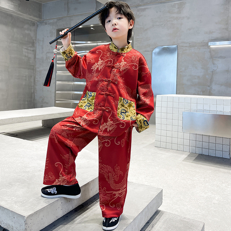 【พร้อมส่งในจีน】ชุดตรุษจีน สีแดง แขนยาว เสื้อ+กางเกง สุดหล่อ ฮั่นฝู สไตล์จีนโบราณสำหรับเด็กชายเด็กโต - รูปที่ 3
