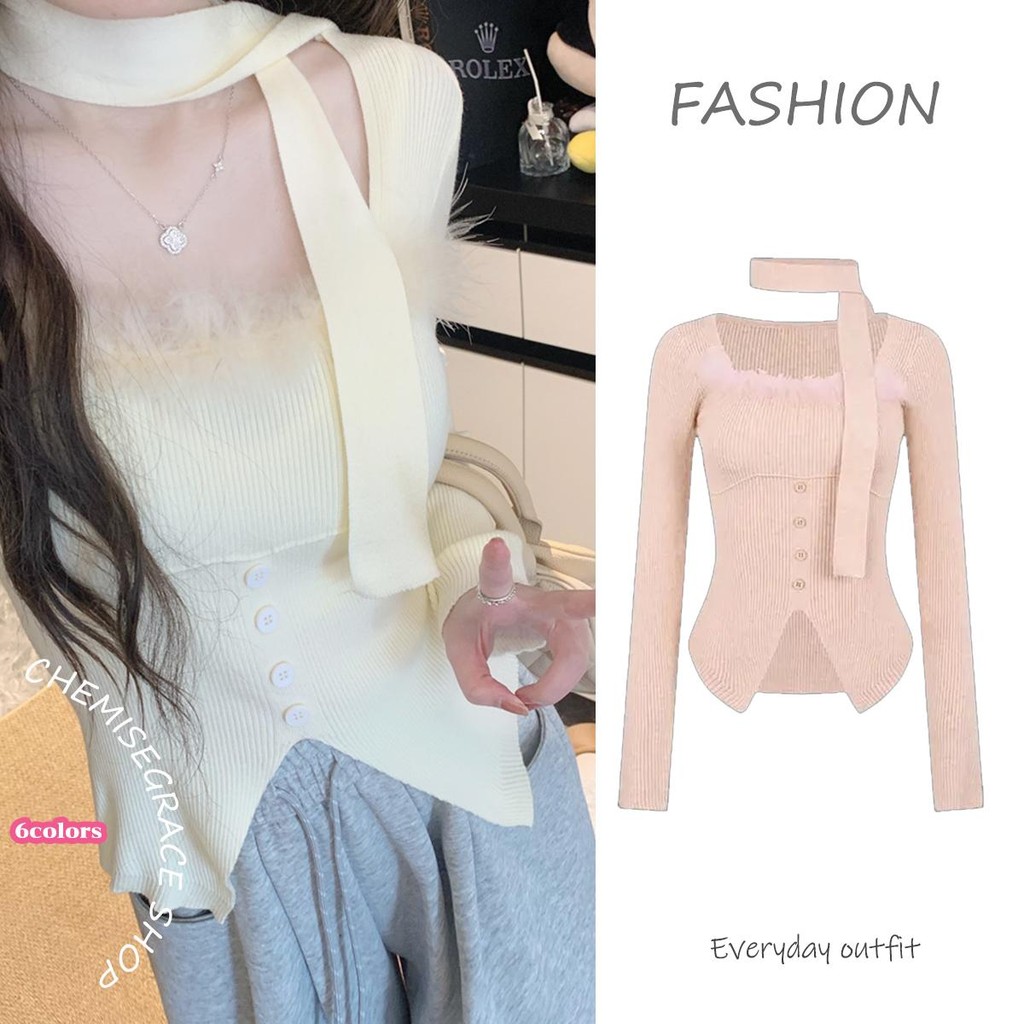 mimi&didi#เสื้อครอปรัดรูปไหมพรมแขนยาว ดีไซน์ริบบิ้นคล้องคอ สเวตเตอร์ ไม่สม่ำเสมอสวมทับด้านใน สไตล์อ่อนโยนและหวาน#J065