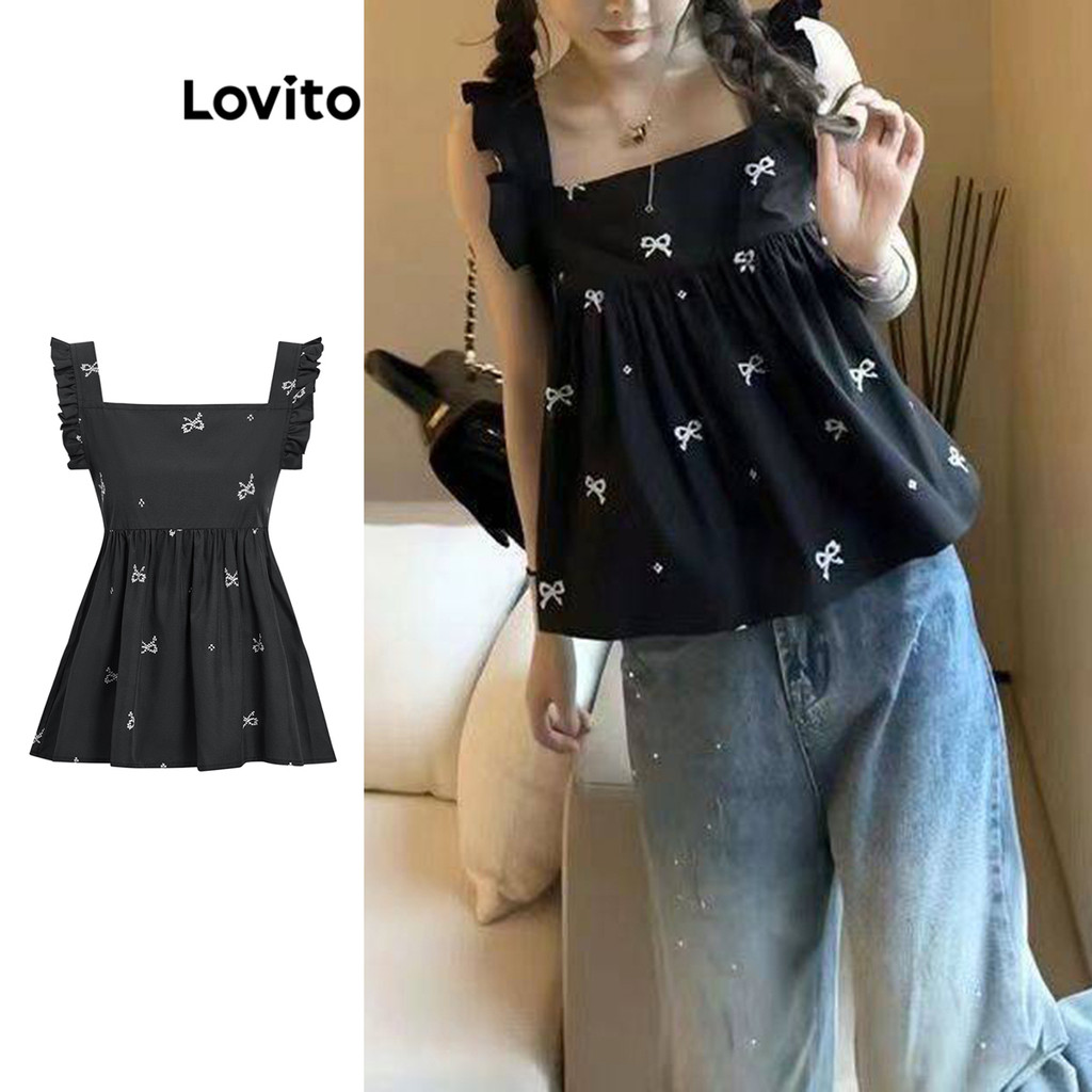 Lovito เสื้อแขนกุดแต่งระบาย ลายเรขาคณิต สไตล์น่ารัก สำหรับผู้หญิง L73AD019