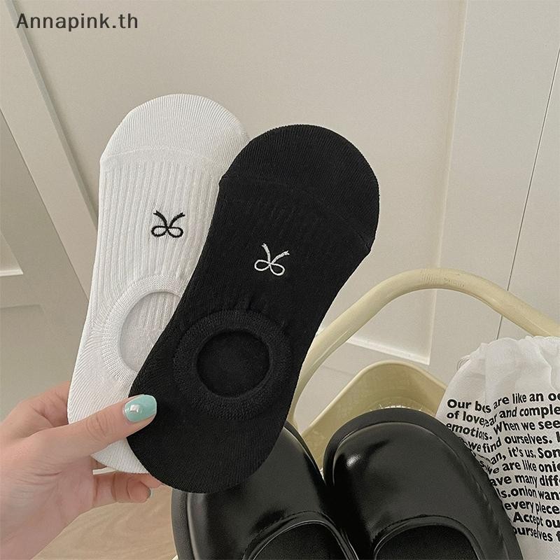 Annapink.th ผู้หญิงถุงเท้า Bowknot สีทึบฤดูร้อนบาง Breathable ที่มองไม่เห็นถุงเท้าเรือลื่นซิลิโคนสั้น Sox สุภาพสตรี EN - รูปที่ 3
