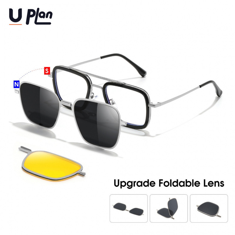 UPLAN แว่นกันแดด 3 in 1 แว่นกันแดดโพลาไรซ์สำหรับผู้ชาย แว่นมองกลางคืน แว่นกันแดดพับได้พร้อมกรอบแม่เหล็ก แว่นกันรังสียูวี 3 เลนส์สำหรับผู้ชายและผู้หญิง