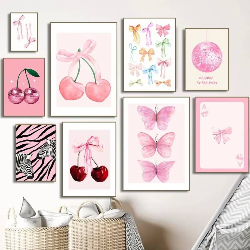 อินเทรนด์สีน้ําสีชมพู Bows Cherry Disco Ball Zebra ผ้าใบ Wall Art Preppy สาวตกแต่งบ้านพิมพ์