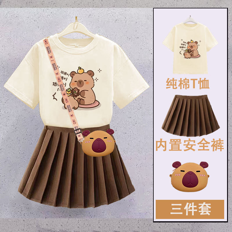 สาว capybara ชุดสาวน้อย JK กระโปรงจีบชุดเด็ก Preppy สไตล์สาวกระโปรงด้านบนชุดสองชิ้น capybara เสื้อผ้า