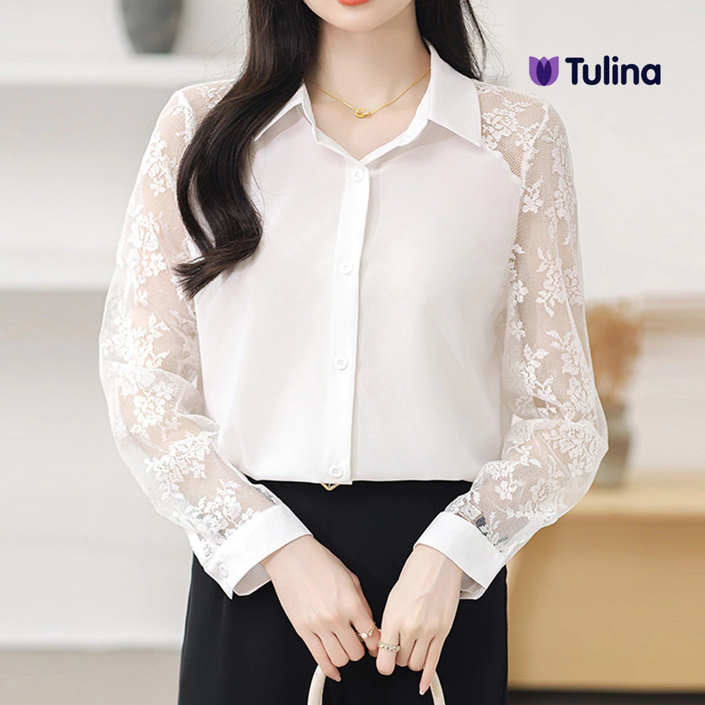 เสื้อเชิ้ตแขนยาว ผสมผ้าชีฟอง ลูกไม้ ทรงสวย