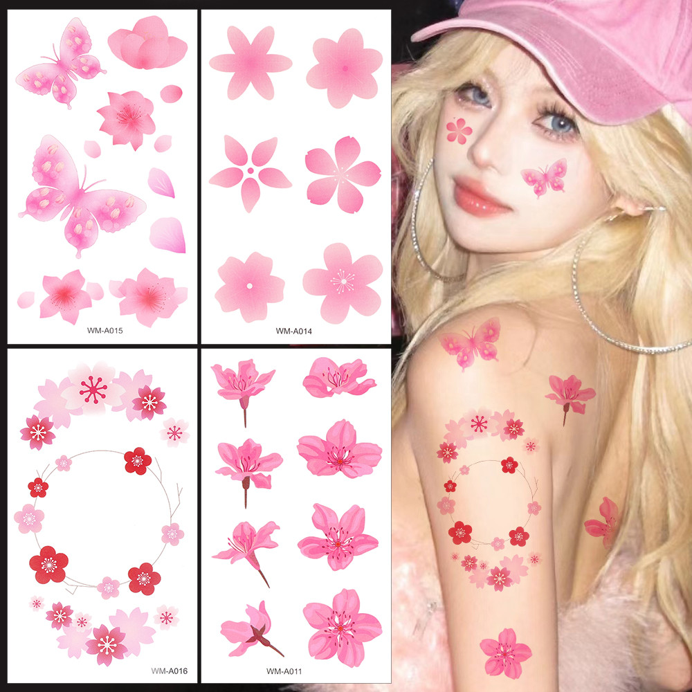 สติกเกอร์รอยสักชั่วคราว ลายดอกซากุระ สีชมพู กันน้ํา DIY