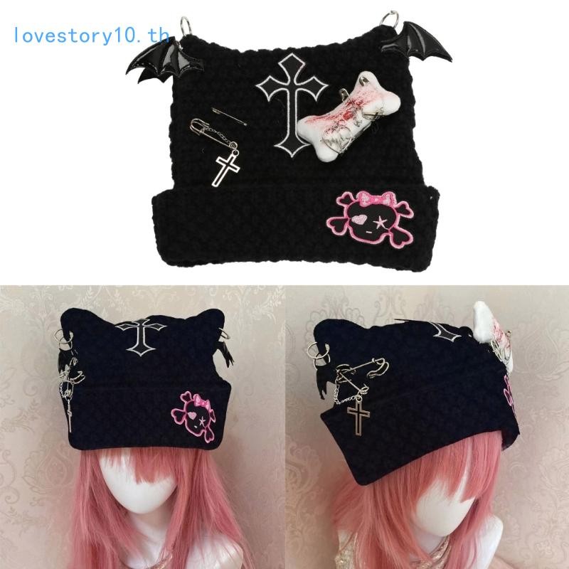 Love2 ยืดหยุ่น Y2k สไตล์หมวกหูแมว Handmade หมวกหูแมวพร้อมเครื่องประดับห้อยสําหรับผู้ใหญ่