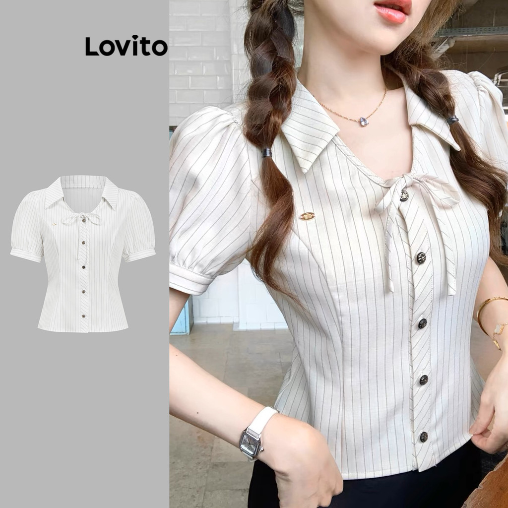 Lovito เสื้อเบลาส์ลายทางน่ารักติดกระดุมหน้าสำหรับผู้หญิง L110AD044