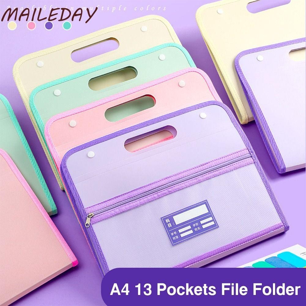 Maile แฟ้ม A4, ที่เก็บกระดาษทดสอบกระเป๋ากันน้ํา, แบบพกพา 13 กระเป๋า PP Classified Storage File Organizer นักเรียน