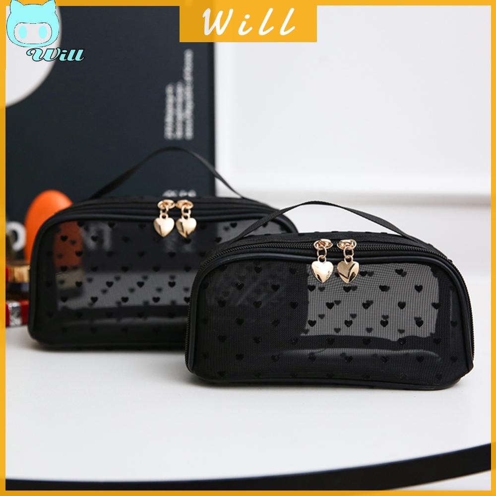 กระเป๋าเครื่องสําอาง Heart Print Mesh s Zipper Women Toiletry Travel Makeup Pouch