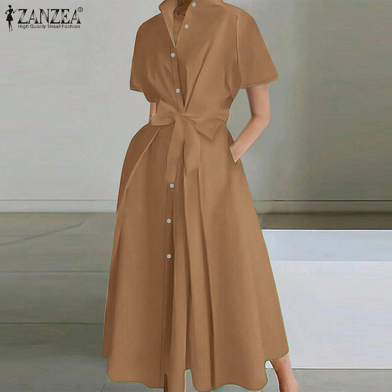 Zanzea ชุดเดรสเสื้อแขนสั้นแฟชั่นวินเทจสําหรับผู้หญิง — صورة 4