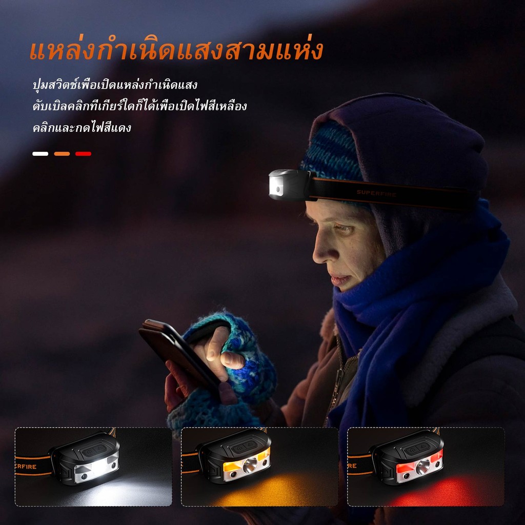 SUPERFIRE HL05-K ไฟฉายคาดหัว LED ชาร์จใหม่ได้ ไฟฉายคาดหัว ไฟฉายสีแดง ระยะไกล แสงสีขาว แคมป์ปิ้ง แคมป์ปิ้ง คาดหัว HL05-N — صورة 5
