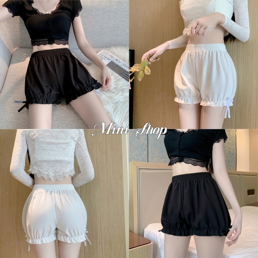 Mini shop🌸พร้อมส่ง🌸(KK360)กางเกงขาสั้น เอวสม๊อคสีพื้น ทรงพองเกาหลี