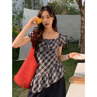 เสื้อย้อมยุคสไตล์ฝรั่งเศสรองลายสก๊อต สไตล์ฤดูร้อน แขนสั้น