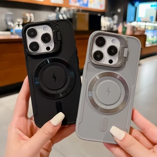 Magnetic เคสโทรศัพท์ For iPhone 11 16 17 13 15 14 12 Pro Max แก้วเลนส์ป้องกันขาตั้งแม่เหล็กกันกระแทกปลอกโปร่งใสสําหรับ