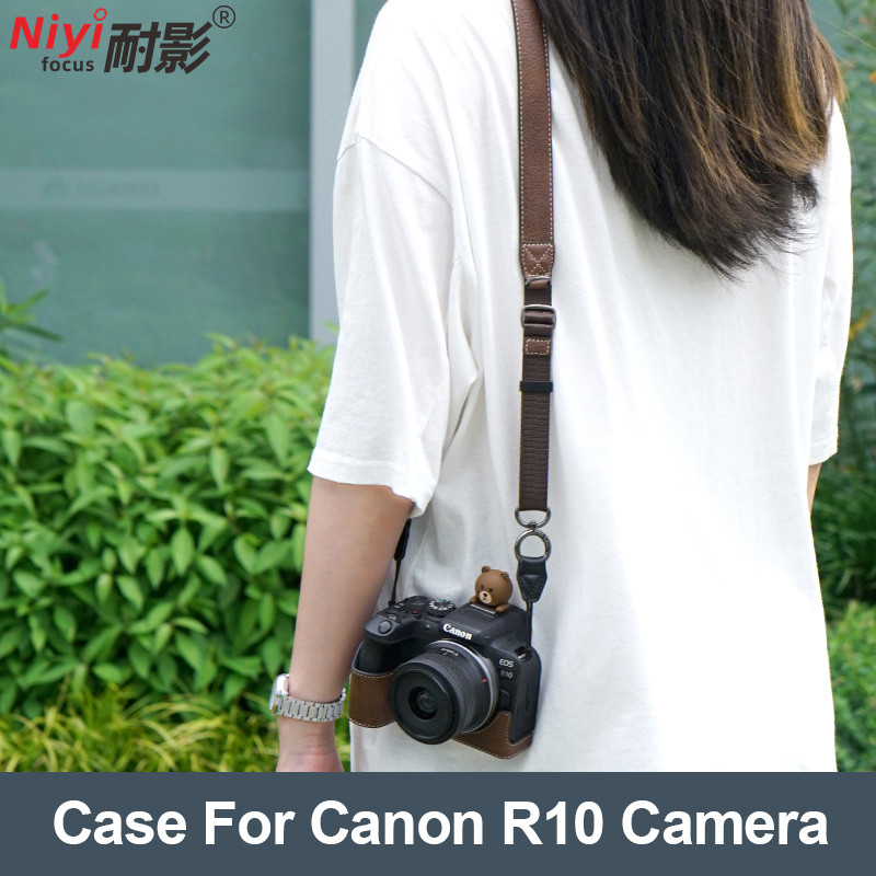 Canon R10 Leather Camera Half Case Canon EOS R10 กระเป๋าฐานป้องกันหนังลายลิ้นจี่