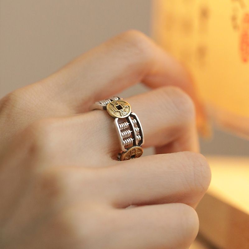 Sifang Laicai ทองแดงเหรียญ Abacus แหวน Retro Handmade Persona四方财来财铜高 复古手工 众 女6.26.6