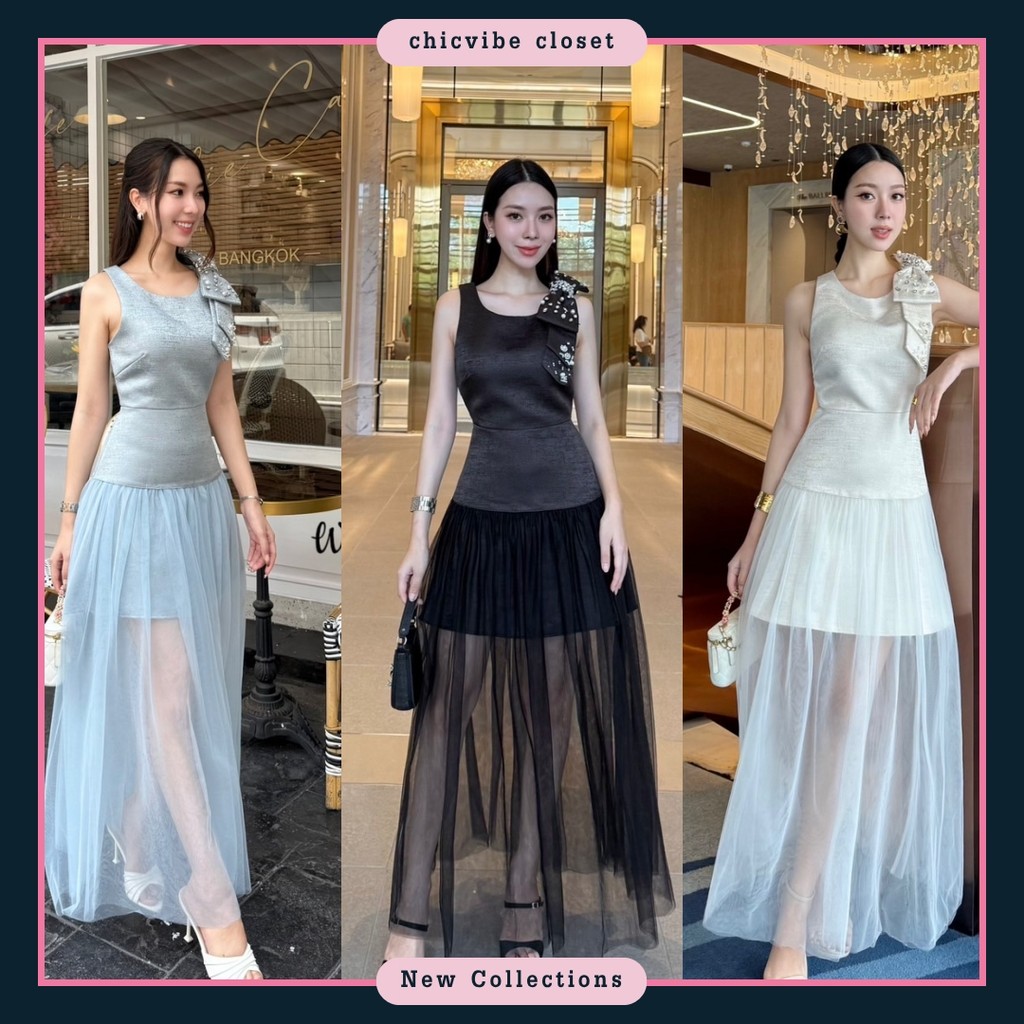 ❥ S-XL เดรสยาวสุดหรู แต่งโบว์ งานป้าย WineLada เดรสดำ เดรสสีฟ้า เดรสสีขาว ชุดออกงาน เดรสออกงาน