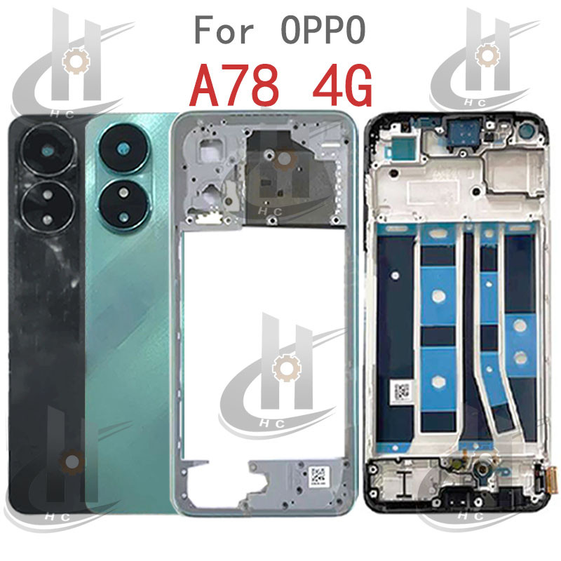 สําหรับ OPPO A78 4G CPH2565 แบตเตอรี่ฝาหลังที่อยู่อาศัยกรอบกลาง + ปุ่ม + กรอบด้านหน้า LCD + เลนส์กล้อง