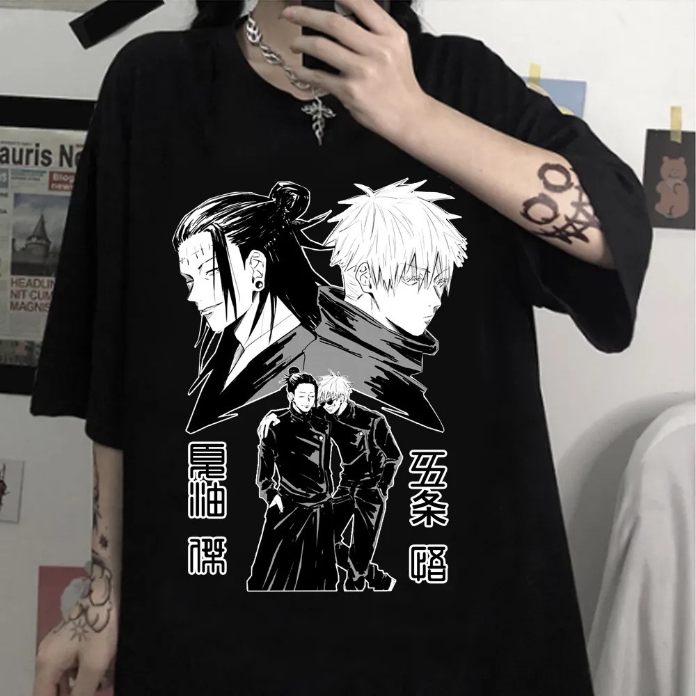 Jujutsu Kaisen เสื้อยืด Gojo Satoru พิมพ์คอกลมแขนสั้นเสื้อยืดอะนิเมะรอบนอกสีขาวคู่ด้านบน 3xl