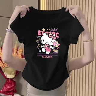 เสื้อผ้ามีสไตล์เสื้อยืดผู้หญิงที่สวยงาม คอกลม ทรงสลิมฟิต แสดงผอม เสื้อพิมพ์ลาย ลวดลายการ์ตูน เสื้อผ้าสำหรับสาวอ้วน